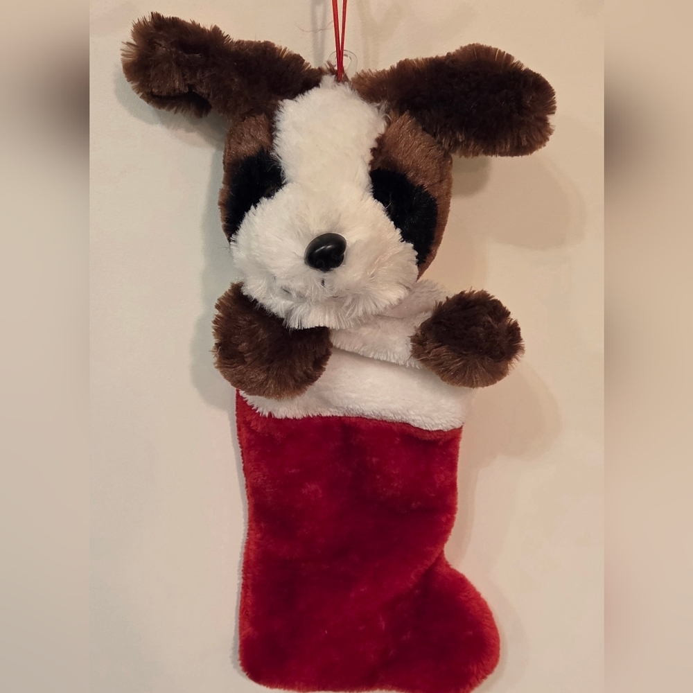 Animated Musical Dog Christmas Stocking Plush Brown White Black Pup Ears Wiggle